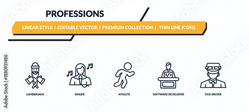 professions icons set - lumberjack, singer, athlete, software developer, taxi driver outline vector collection.