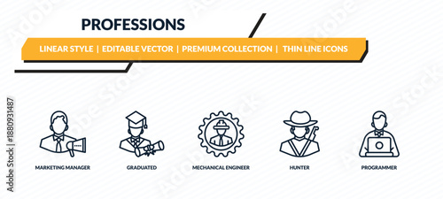 professions icons set - marketing manager, graduated, mechanical engineer, hunter, programmer outline vector collection.