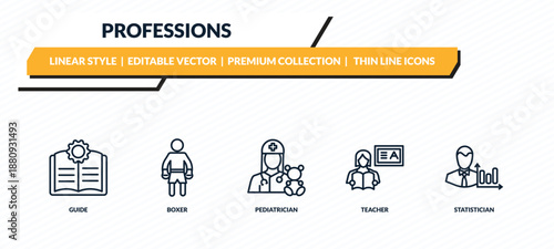professions icons set - guide, boxer, pediatrician, teacher, statistician outline vector collection.