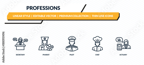 professions icons set - secretary, pharist, pilot, chef, actuary outline vector collection.