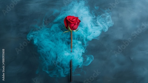 red rose enveloped by blue smoke, single long stem standing against dark backdrop, swirling