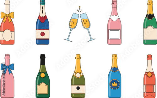 Elegant champagne bottle collection with festive clinking glasses, perfect for celebration, party themes, holiday visuals, and sparkling wine packaging design concepts