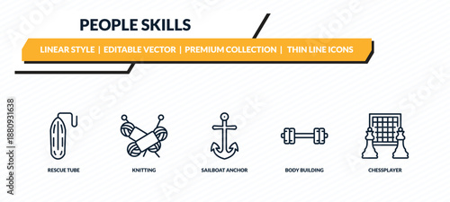 people skills icons set - rescue tube, knitting, sailboat anchor, body building, chessplayer outline vector collection.