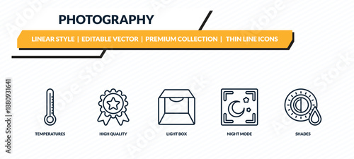 photography icons set - temperatures, high quality, light box, night mode, shades outline vector collection.