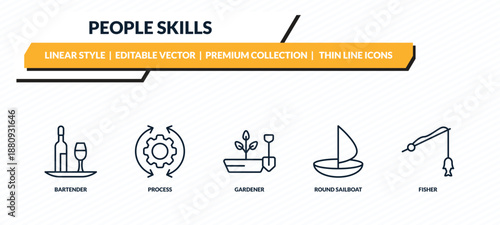 people skills icons set - bartender, process, gardener, round sailboat, fisher outline vector collection.