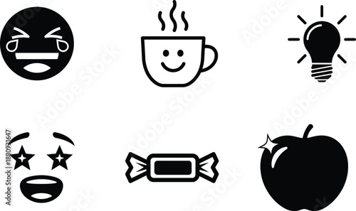 black and white icons of various objects and emoticons on white background