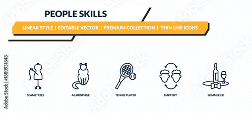 people skills icons set - seamstrees, ailurophile, tennis player, empathy, sommelier outline vector collection.