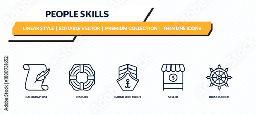 people skills icons set - calligraphist, rescuer, cargo ship front view, seller, boat rudder outline vector collection.
