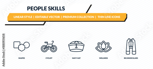 people skills icons set - shapes, cyclist, navy hat, wellness, big binoculars outline vector collection.