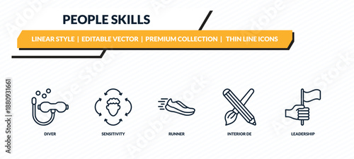 people skills icons set - diver, sensitivity, runner, interior de, leadership outline vector collection.