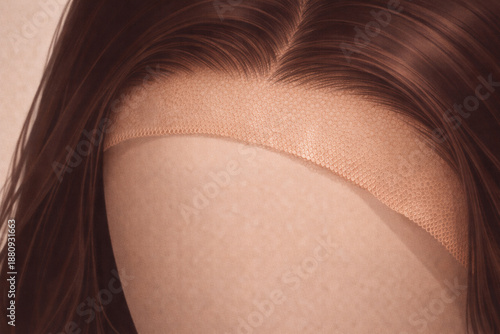 Brunette lace front wig close-up with synthetic scalp detail