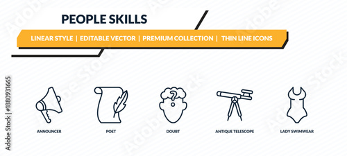 people skills icons set - announcer, poet, doubt, antique telescope, lady swimwear outline vector collection.