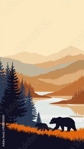 Peaceful landscape vector illustration with two bears walking by a serene lake and pine forest