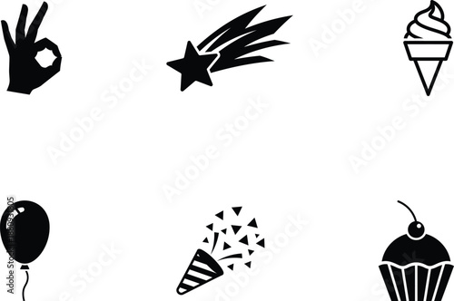 black icons of hand star ice cream balloon party horn and cupcake on white