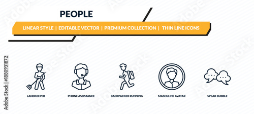 people icons set - landkeeper, phone assistance, backpacker running, masculine avatar, speak bubble outline vector collection.