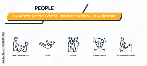 people icons set - man lifting an old man, locust, gossip, surprised man, climbing stairs outline vector collection.