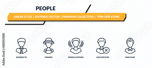 people icons set - business tie, farmers, person listening, bad employee, mind game outline vector collection.