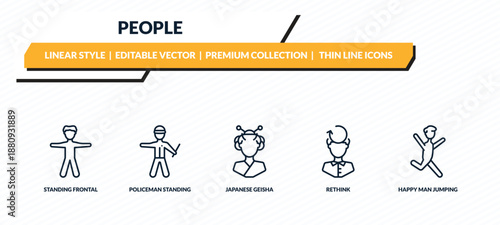 people icons set - standing frontal man, policeman standing up, japanese geisha, rethink, happy man jumping outline vector collection.
