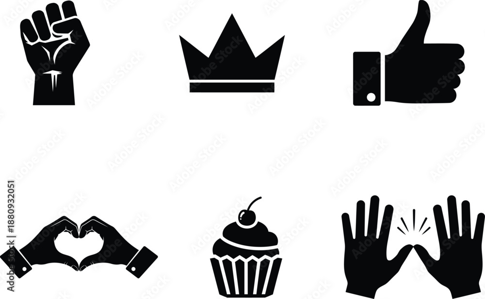 Fototapeta premium black silhouettes of hands and food and crown on white background