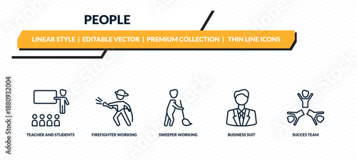 people icons set - teacher and students, firefighter working, sweeper working, business suit, succes team outline vector collection.