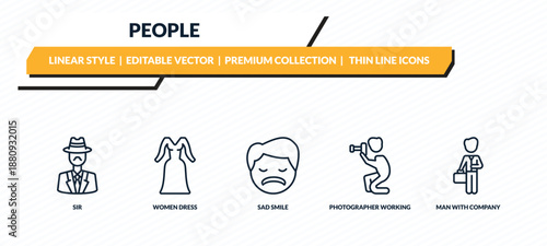 people icons set - sir, women dress, sad smile, photographer working, man with company outline vector collection.