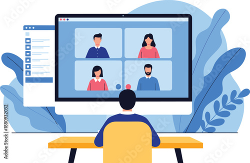Digital illustration of virtual meeting with four participants on video call interface, representing remote communication, teamwork, and online collaboration on white background