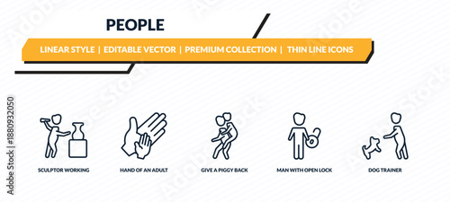 people icons set - sculptor working, hand of an adult, give a piggy back ride, man with open lock, dog trainer outline vector collection.