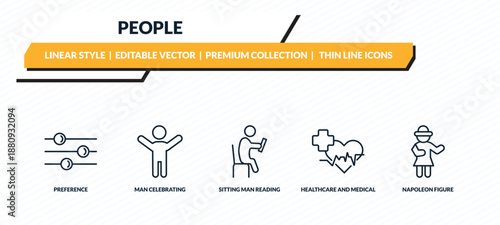 people icons set - preference, man celebrating, sitting man reading, healthcare and medical, napoleon figure outline vector collection.