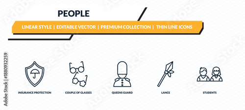 people icons set - insurance protection, couple of glasses, queens guard, lance, students outline vector collection.