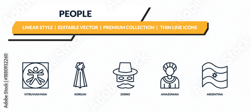 people icons set - vitruvian man, korean, zorro, amazonian, argentina outline vector collection.