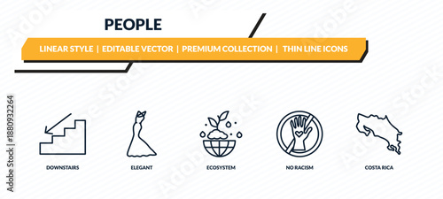 people icons set - downstairs, elegant, ecosystem, no racism, costa rica outline vector collection.