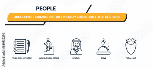 people icons set - pencil and notebook, walking downstairs, bedouin, serve, facial hair outline vector collection.