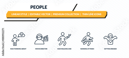 people icons set - man thinking about love, movie director, man walking and smoking, running at finish line, getting dressed outline vector collection.