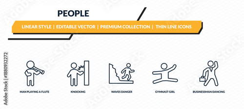 people icons set - man playing a flute, knocking, waves danger, gymnast girl, businessman dancing outline vector collection.