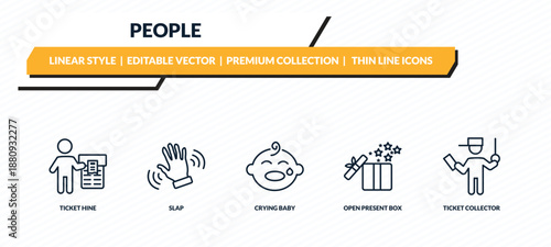 people icons set - ticket hine, slap, crying baby, open present box, ticket collector outline vector collection.
