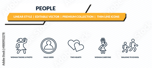 people icons set - woman taking a photo, male users, two hearts, woman carrying, walking to school outline vector collection.