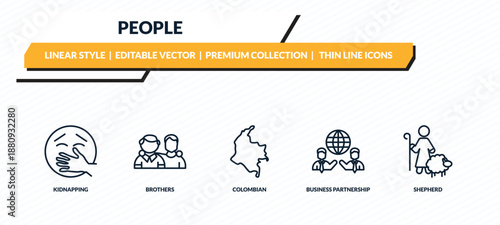 people icons set - kidnapping, brothers, colombian, business partnership, shepherd outline vector collection.