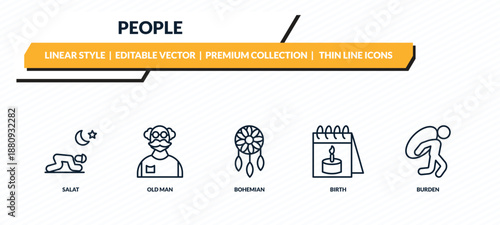 people icons set - salat, old man, bohemian, birth, burden outline vector collection.