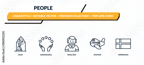 people icons set - julus, juggling ball, small boy, aviation, norwegian outline vector collection.