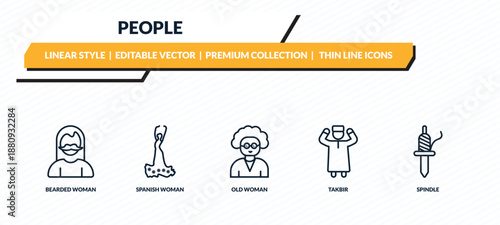 people icons set - bearded woman, spanish woman, old woman, takbir, spindle outline vector collection.