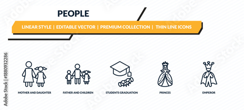 people icons set - mother and daughter, father and children, students graduation hat, princes, emperor outline vector collection.