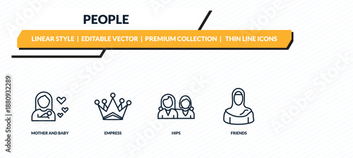 people icons set - mother and baby, empress, hips, friends, arab woman outline vector collection.