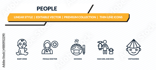 people icons set - baby zone, female doctor, sickness, man girl and dog, vietnamese outline vector collection.