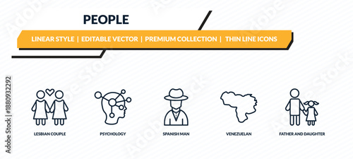 people icons set - lesbian couple, psychology, spanish man, venezuelan, father and daughter outline vector collection.