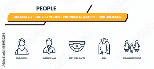 people icons set - muslim man, bussiness man, baby with diaper, cape, sexual harassment outline vector collection.
