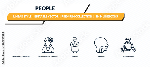 people icons set - lesbian couple and son, woman with flower, qiyam, throat, round table outline vector collection.