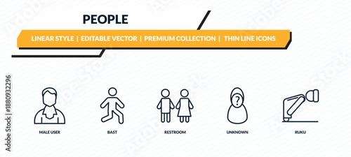 people icons set - male user, bast, restroom, unknown, ruku outline vector collection.