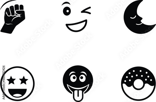 Collection of emoticon faces and symbols in black and white