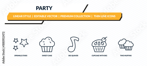 party icons set - sprinkle stars, sweet cake, big quaver, cupcake with big cherry, two muffins outline vector collection.