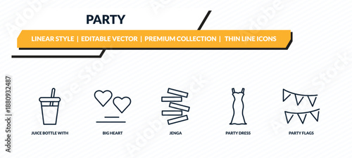 party icons set - juice bottle with straw, big heart, jenga, party dress, party flags outline vector collection.